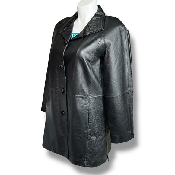 East 5th Womens Leather Jacket Long Coat Collared Button Closure Black Large - Picture 9 of 14